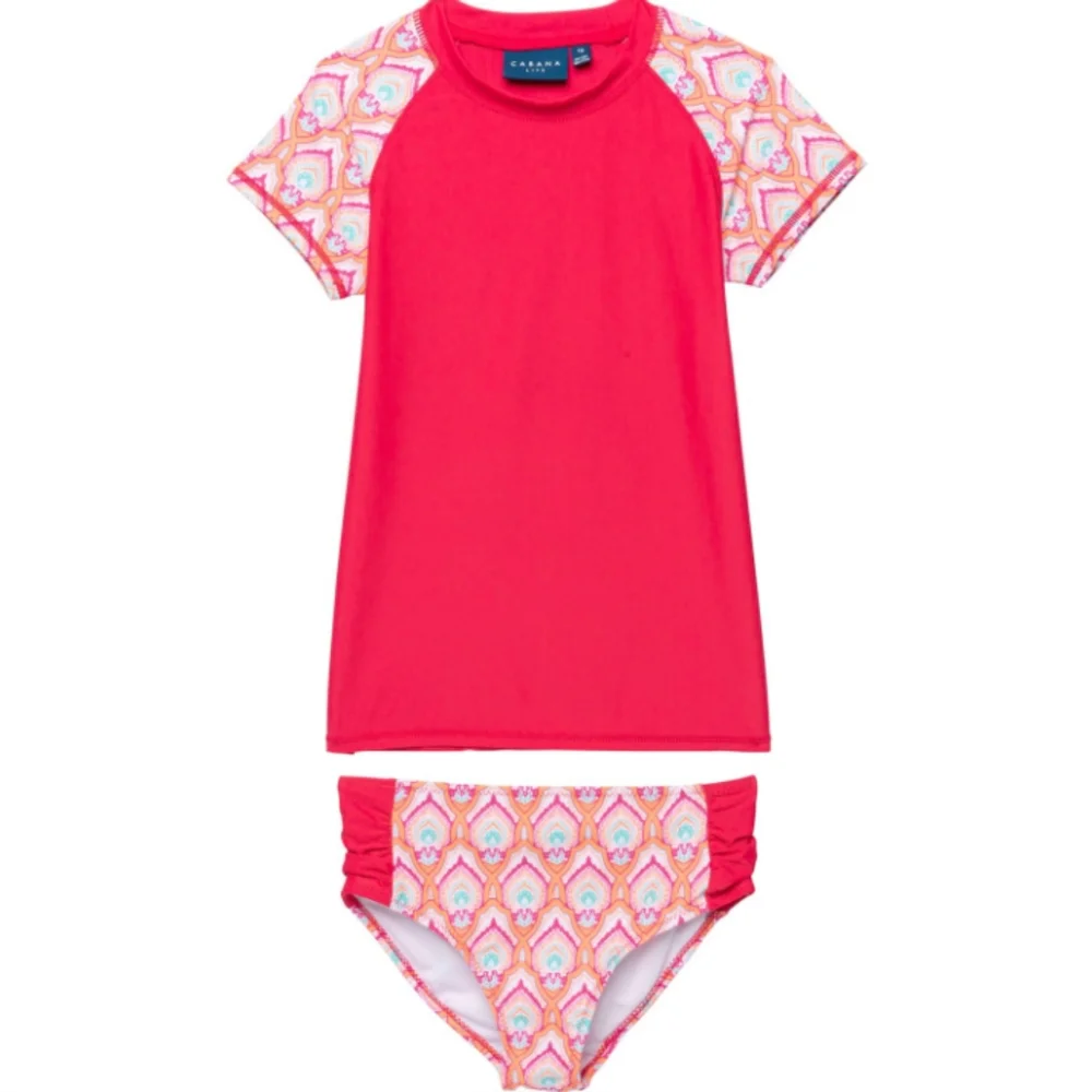 Cabana Life Big Girls Printed Rash Guard and Bikini Bottoms Set - UPF 50+, Short - Picture 1 of 10